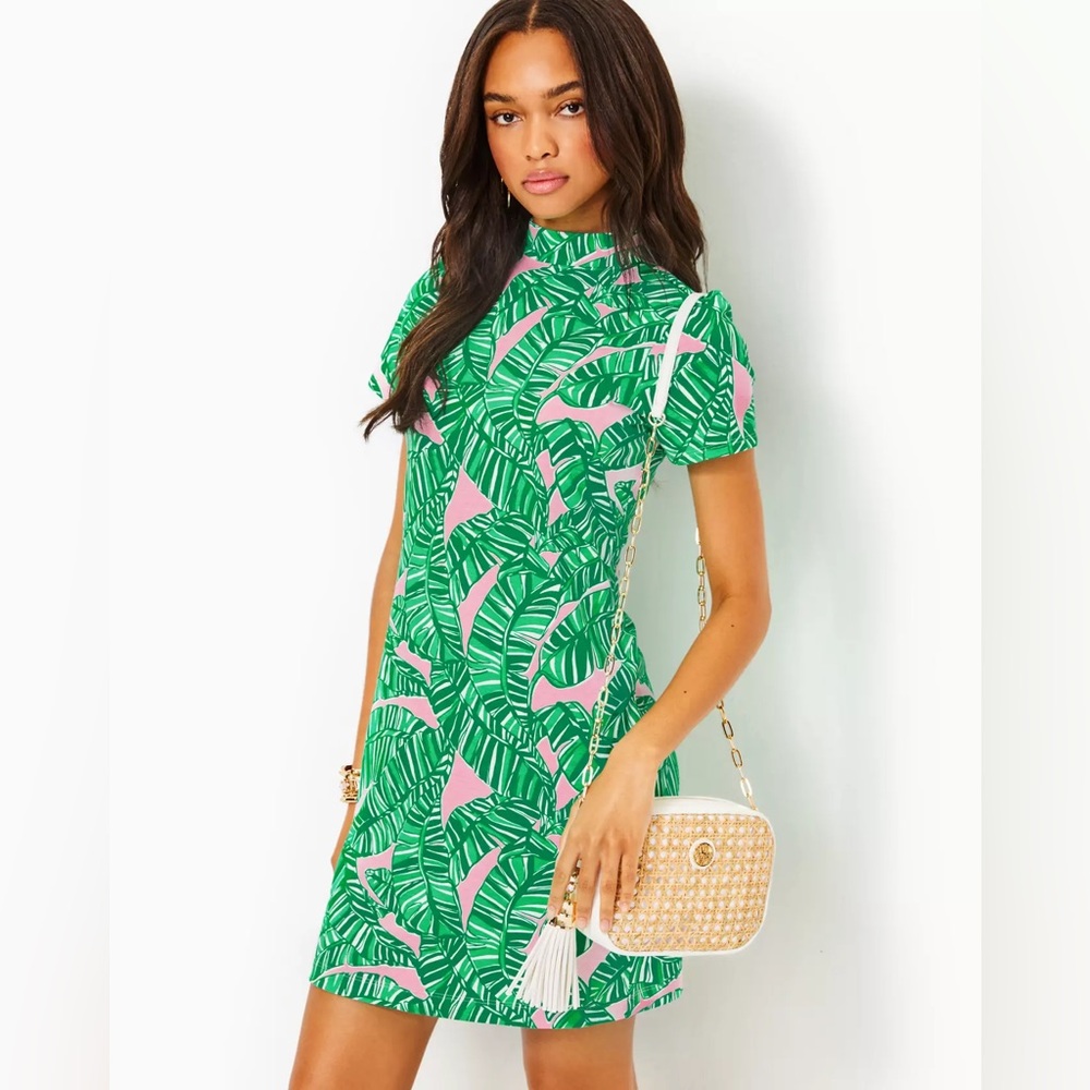 Lilly Pulitzer Hallie Short Sleeve XL Green and Pink Leaf Print Dress